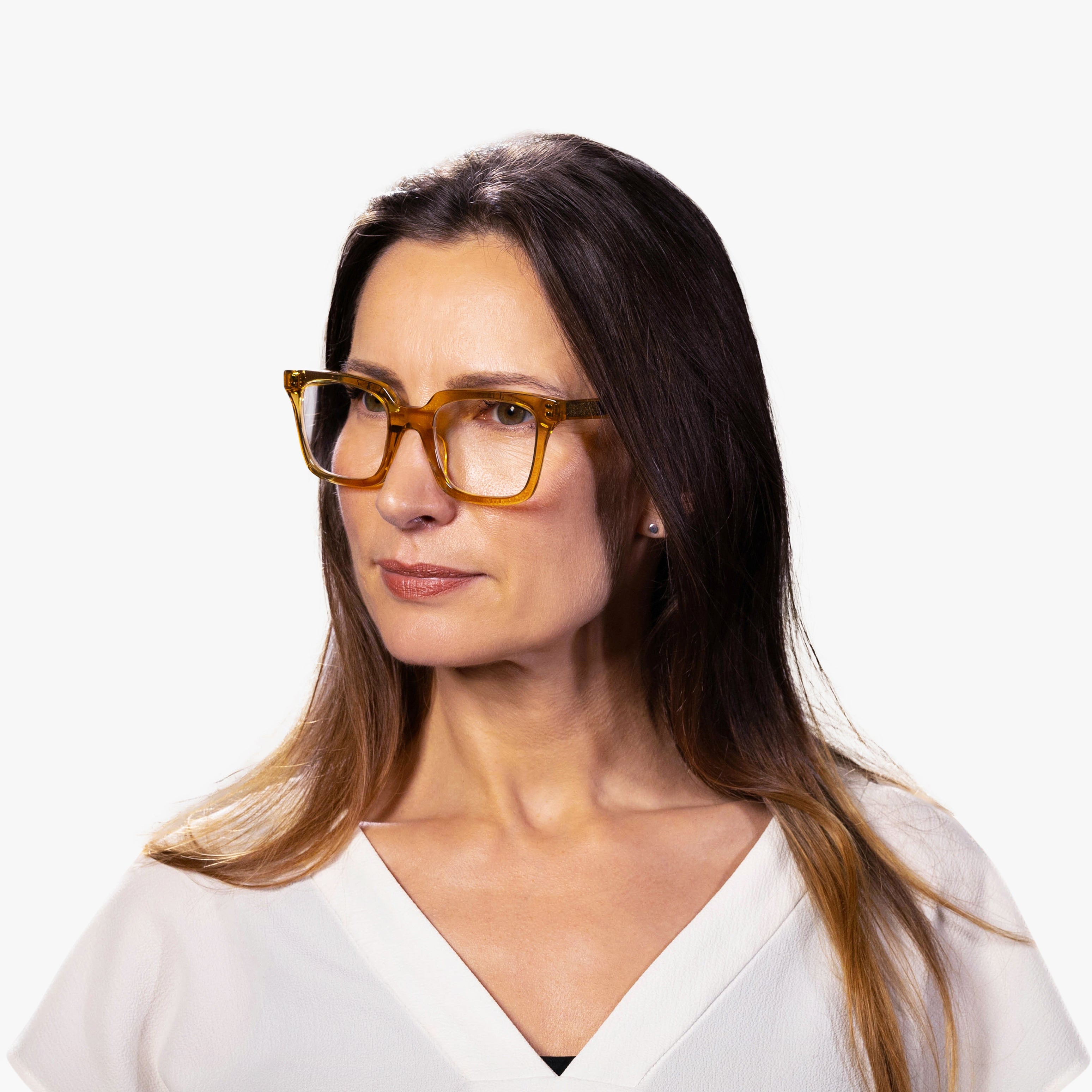 Luxreaders stylish Tisvilde Crystal Caramel Reading glasses. Made from Bio-acetate in a Square shape.