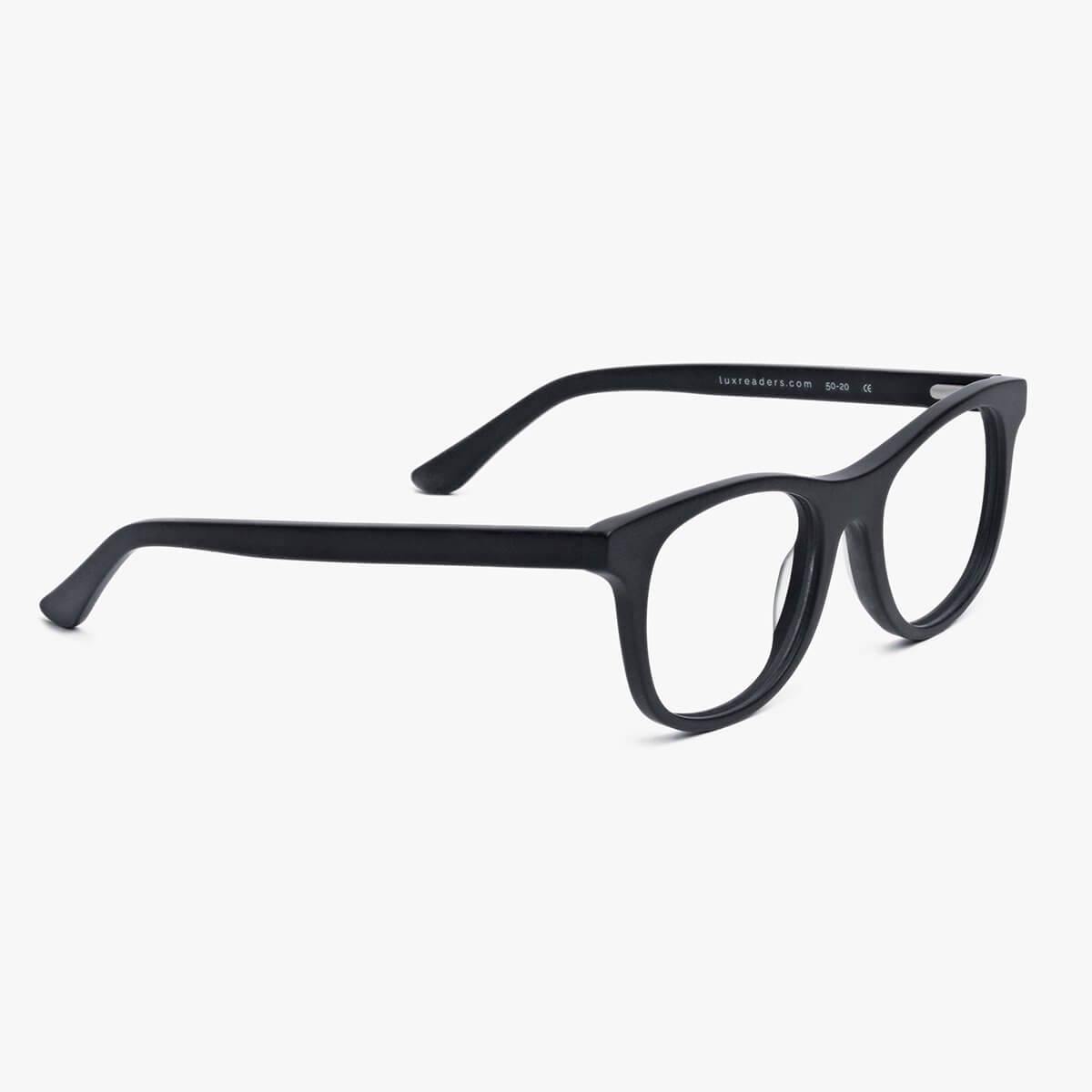 Malmö Black reading glasses with bold black frames and subtle Luxreaders logo on the arm