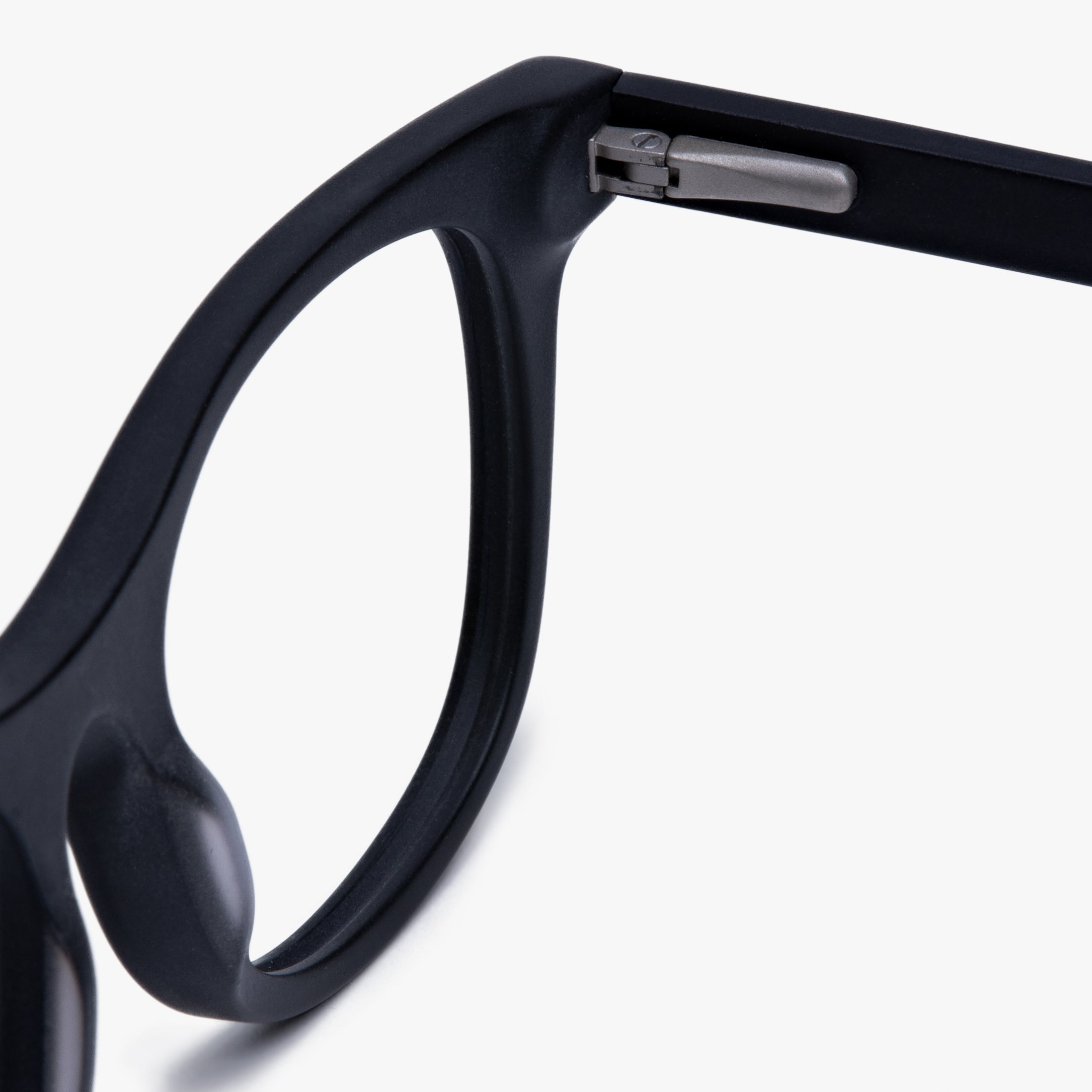Close-up of Malmö Black reading glasses with matte black finish