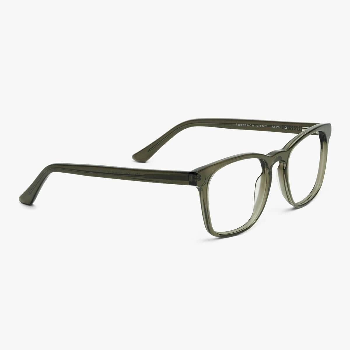 Men's Bornholm Shiny Olive rectangular glasses with Luxreaders branding