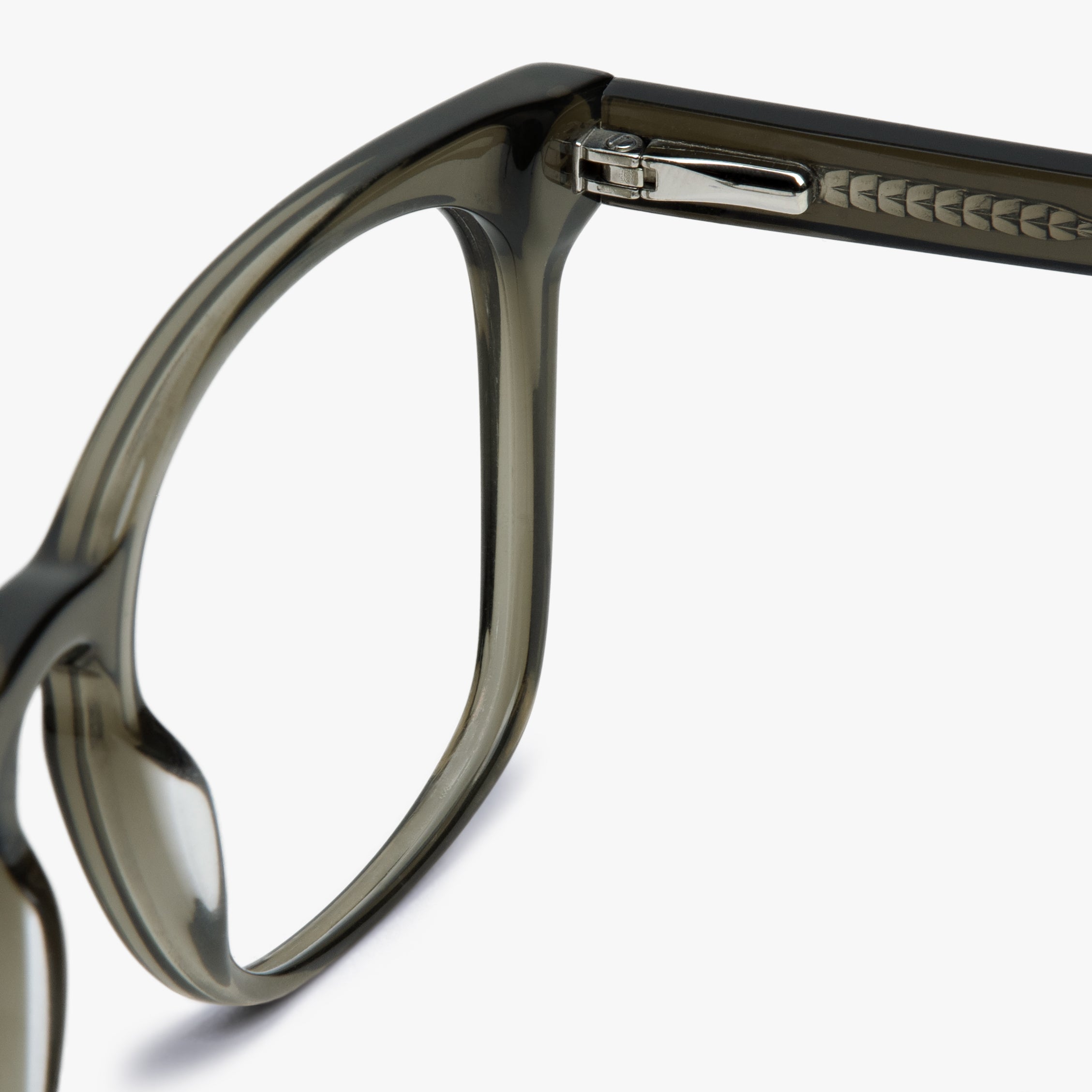 Shiny olive glasses frame with hinge detail
