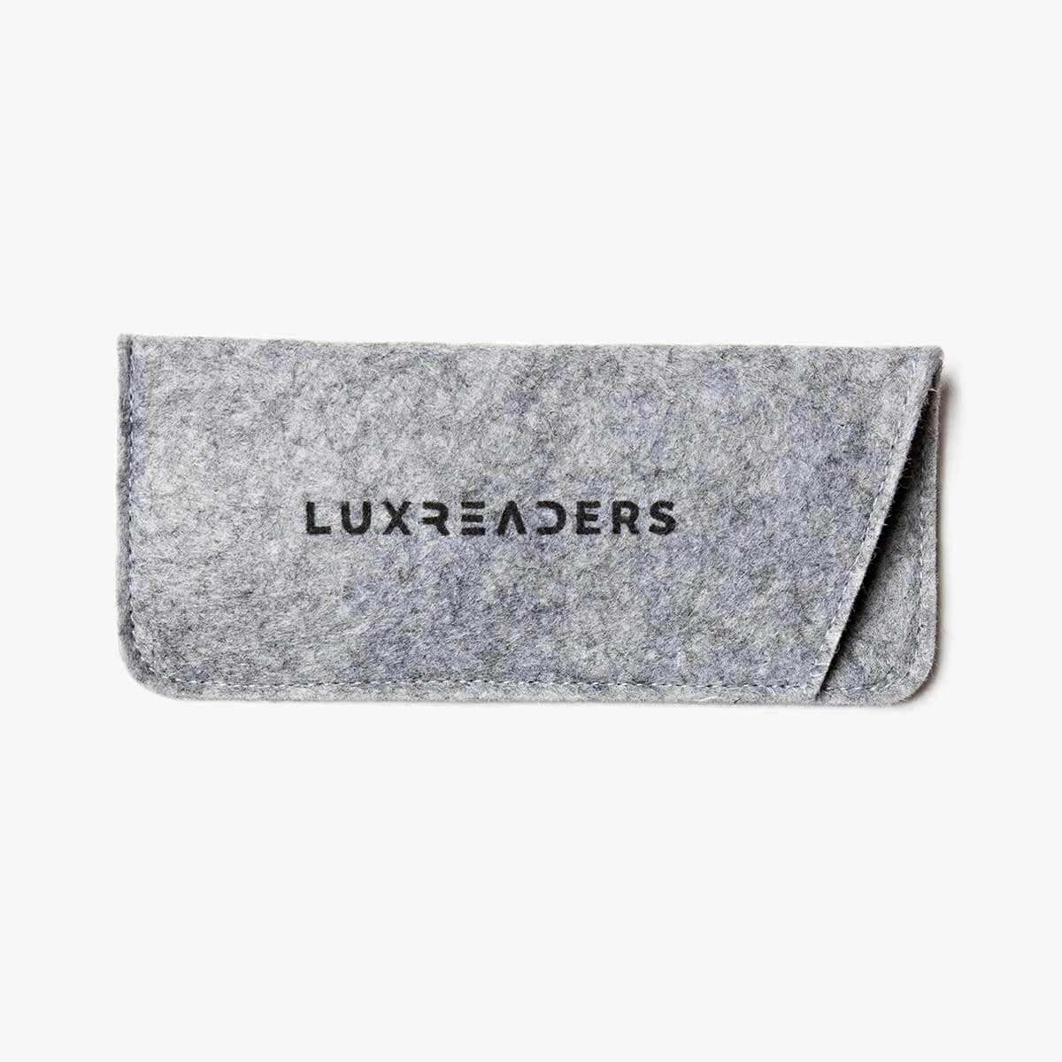 Grey felt case with Luxreaders branding