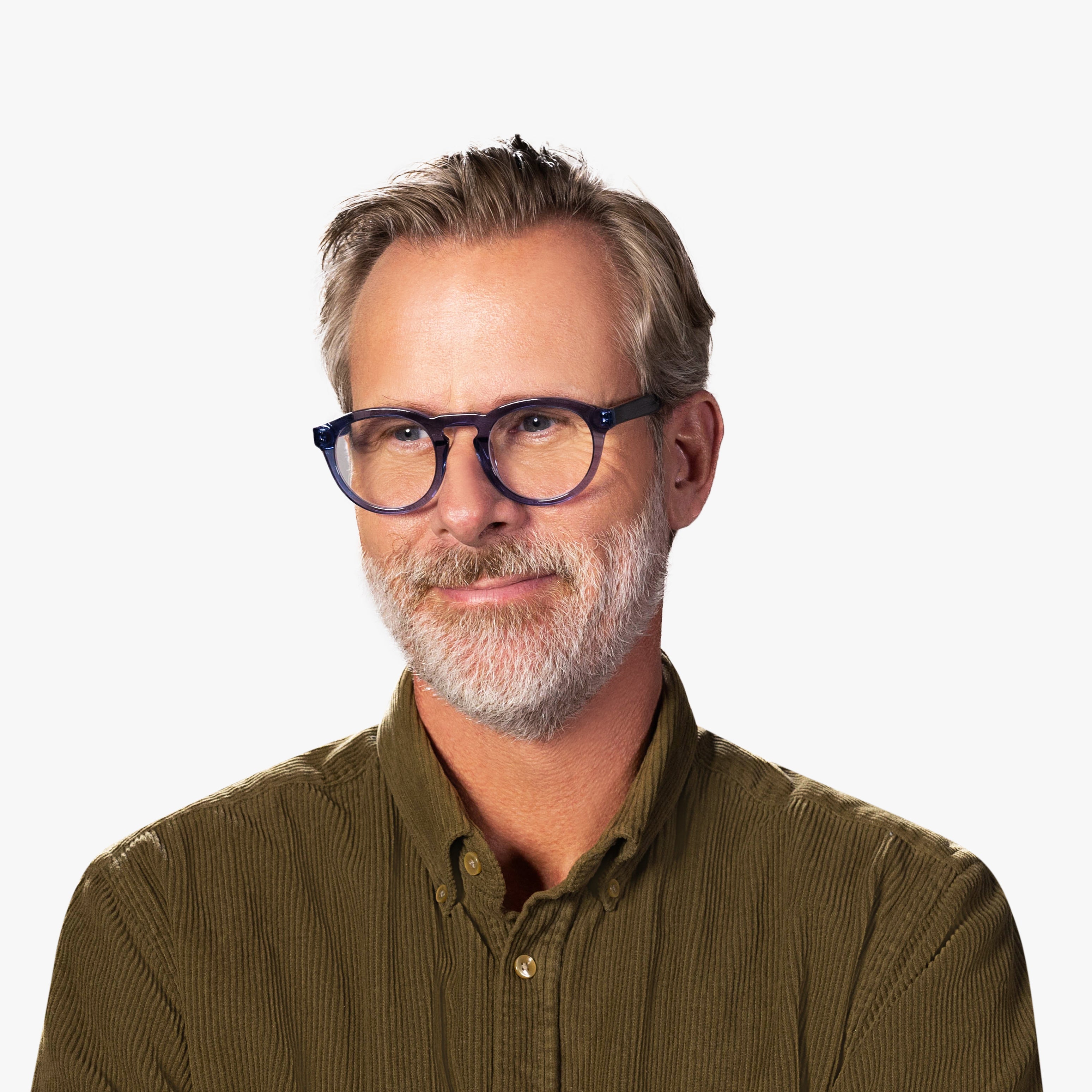 Person wearing crystal blue reading glasses