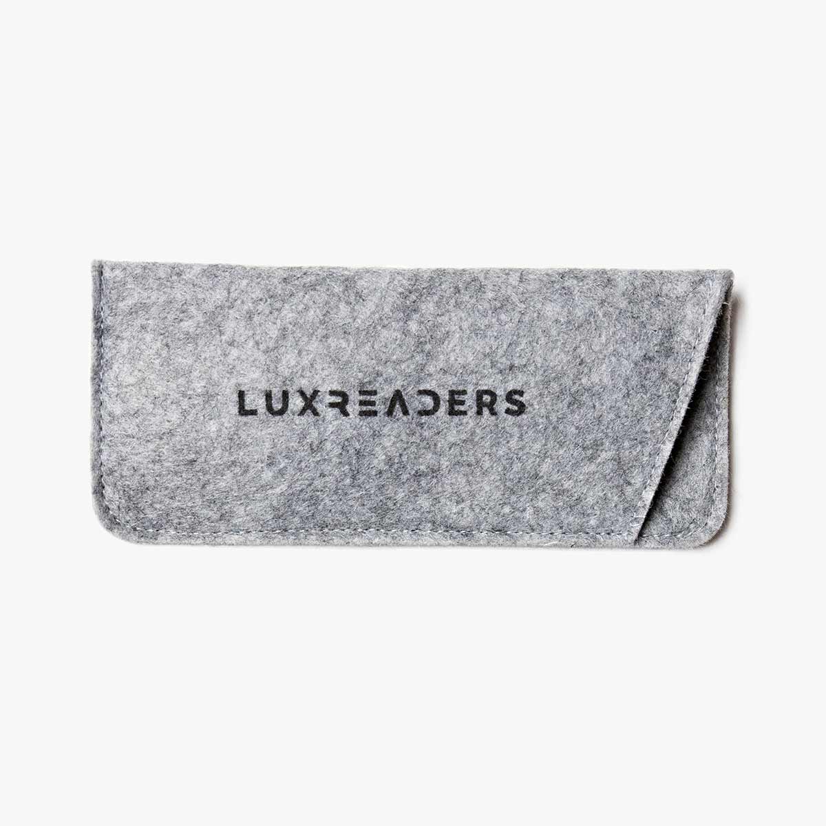 Grey felt glasses case with Luxreaders logo
