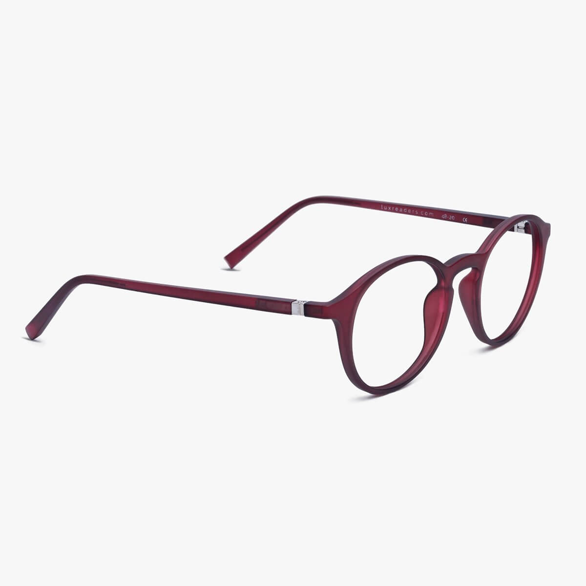 Men's Læsø red glasses with rounded frames and Luxreaders branding