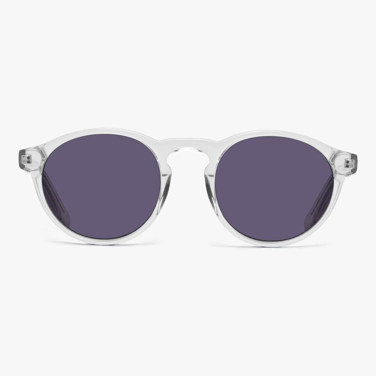 Crystal white round sunglasses with dark lenses
