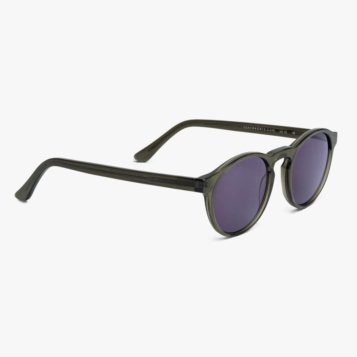 Trondheim Shiny Olive sunglasses with round frames and dark lenses