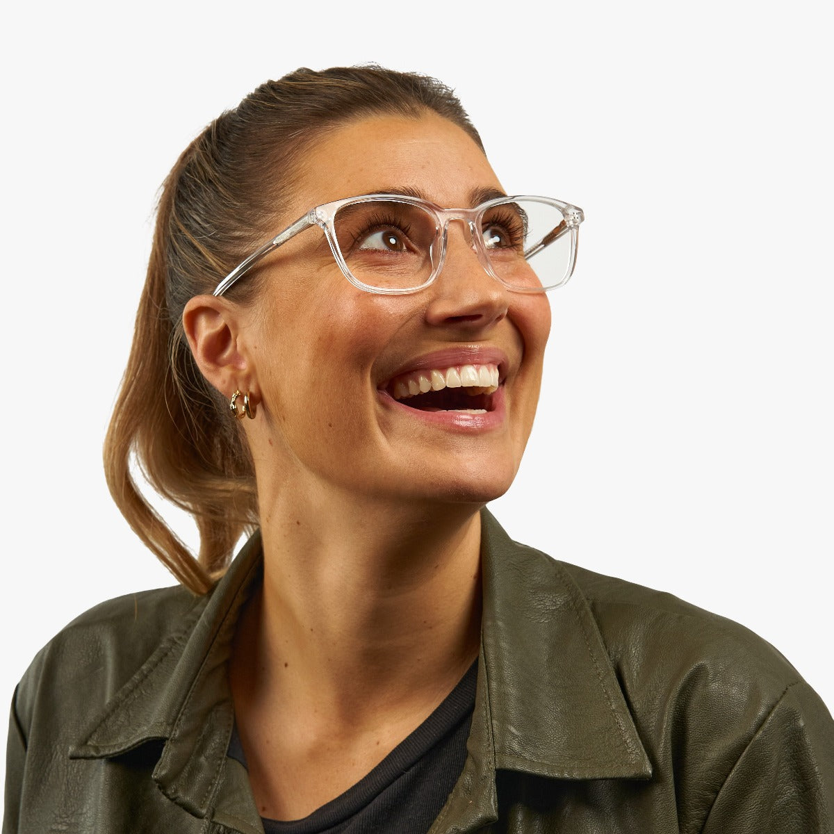 Person wearing Women's Ebeltoft Crystal White glasses