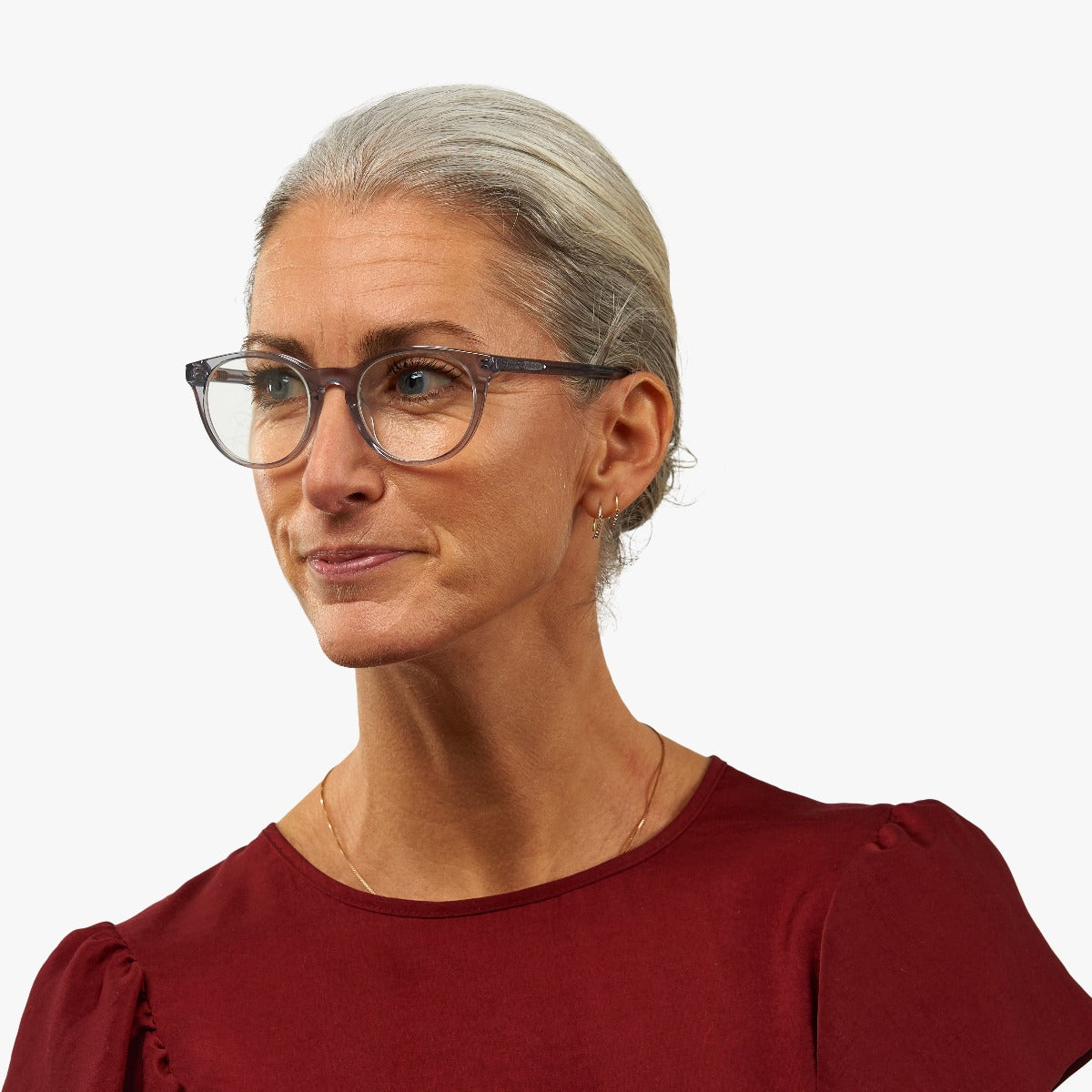 Person wearing crystal grey glasses