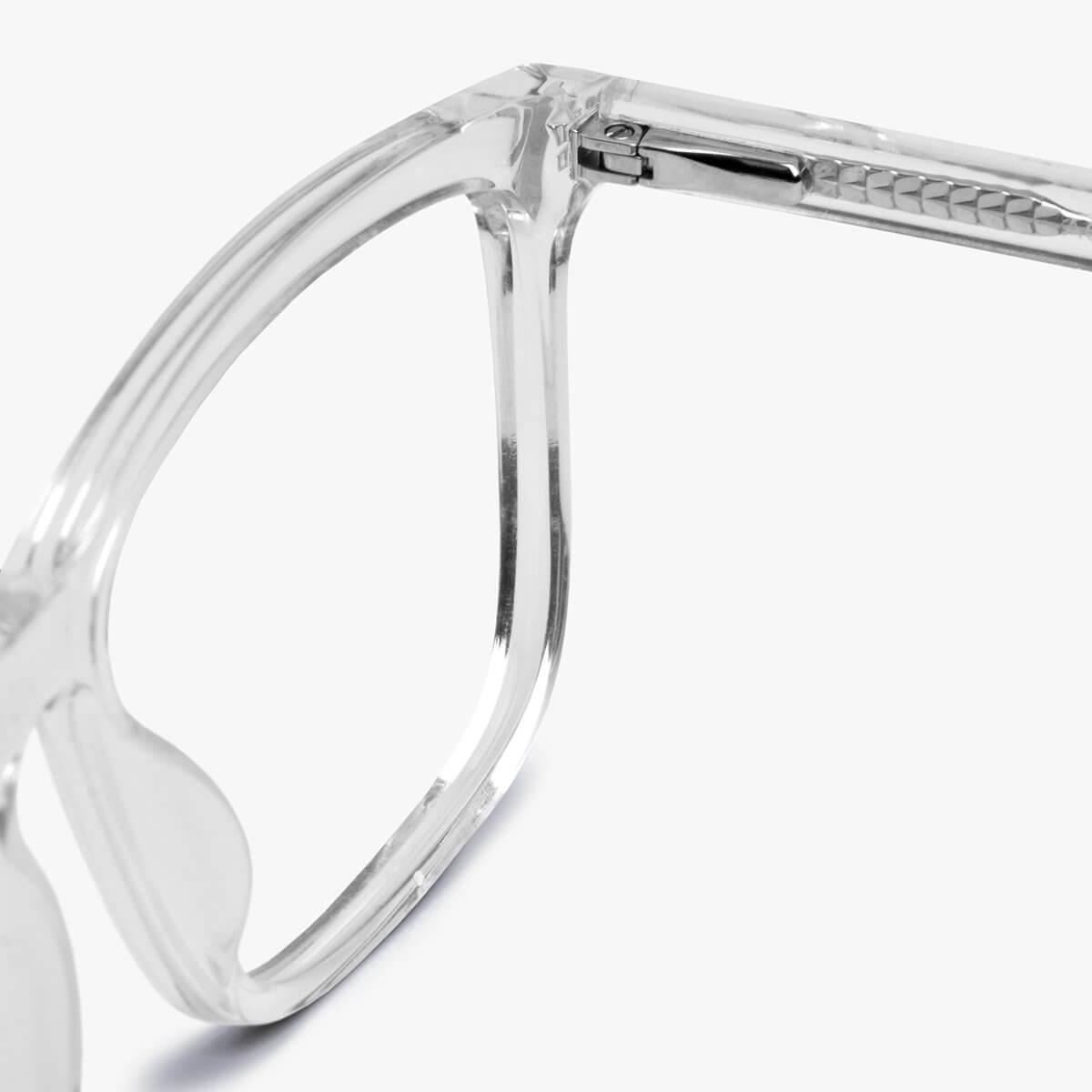 Close-up of Women's Oslo Crystal White glasses with clear frame and hinge detail