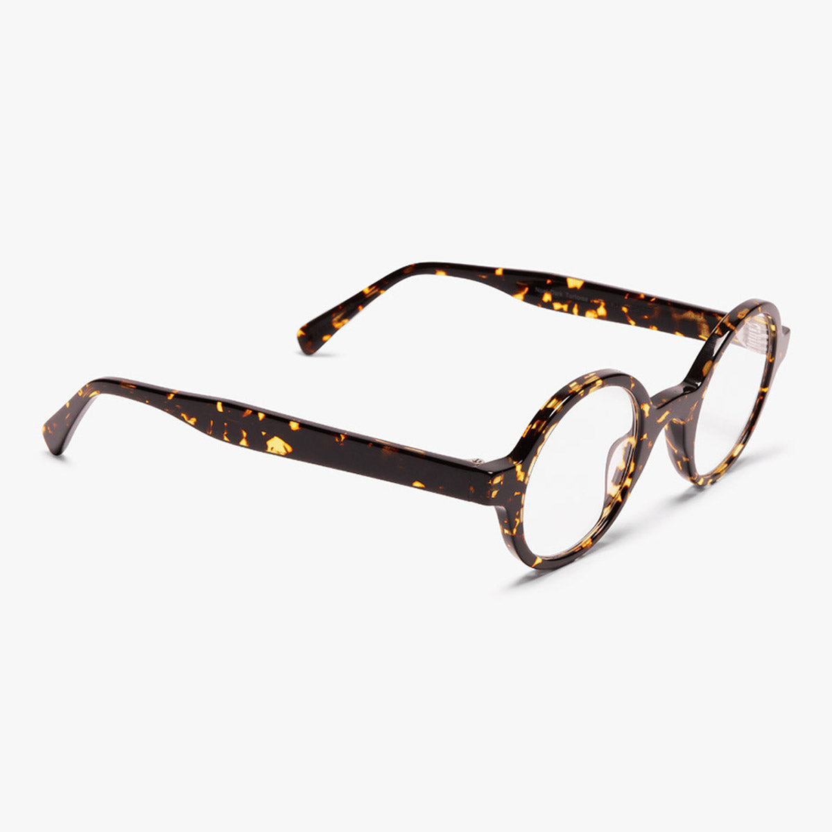 Round dark turtle reading glasses with yellow speckled pattern